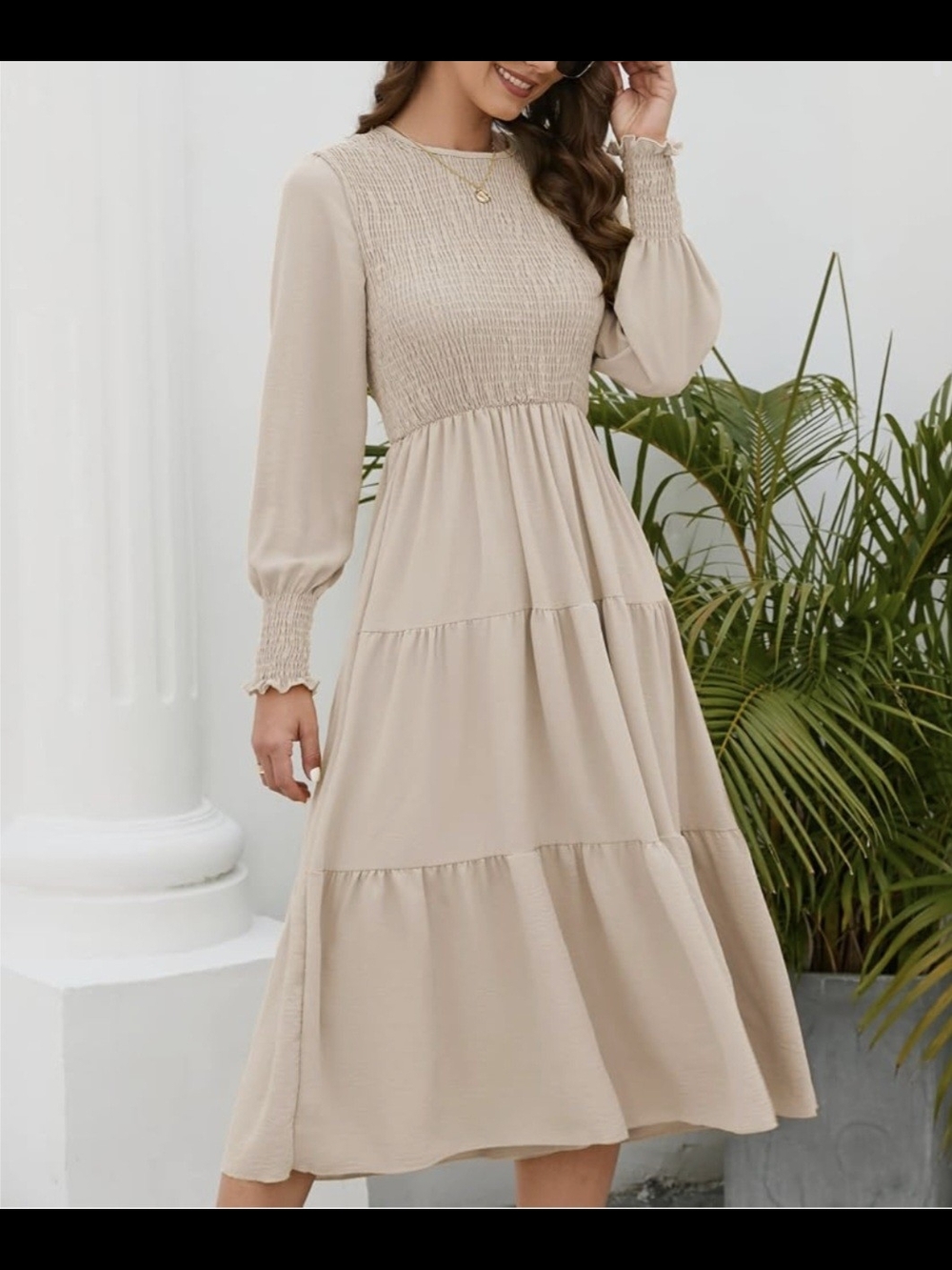 Smocked Long Sleeve High Waist Midi Dress - Beige Large